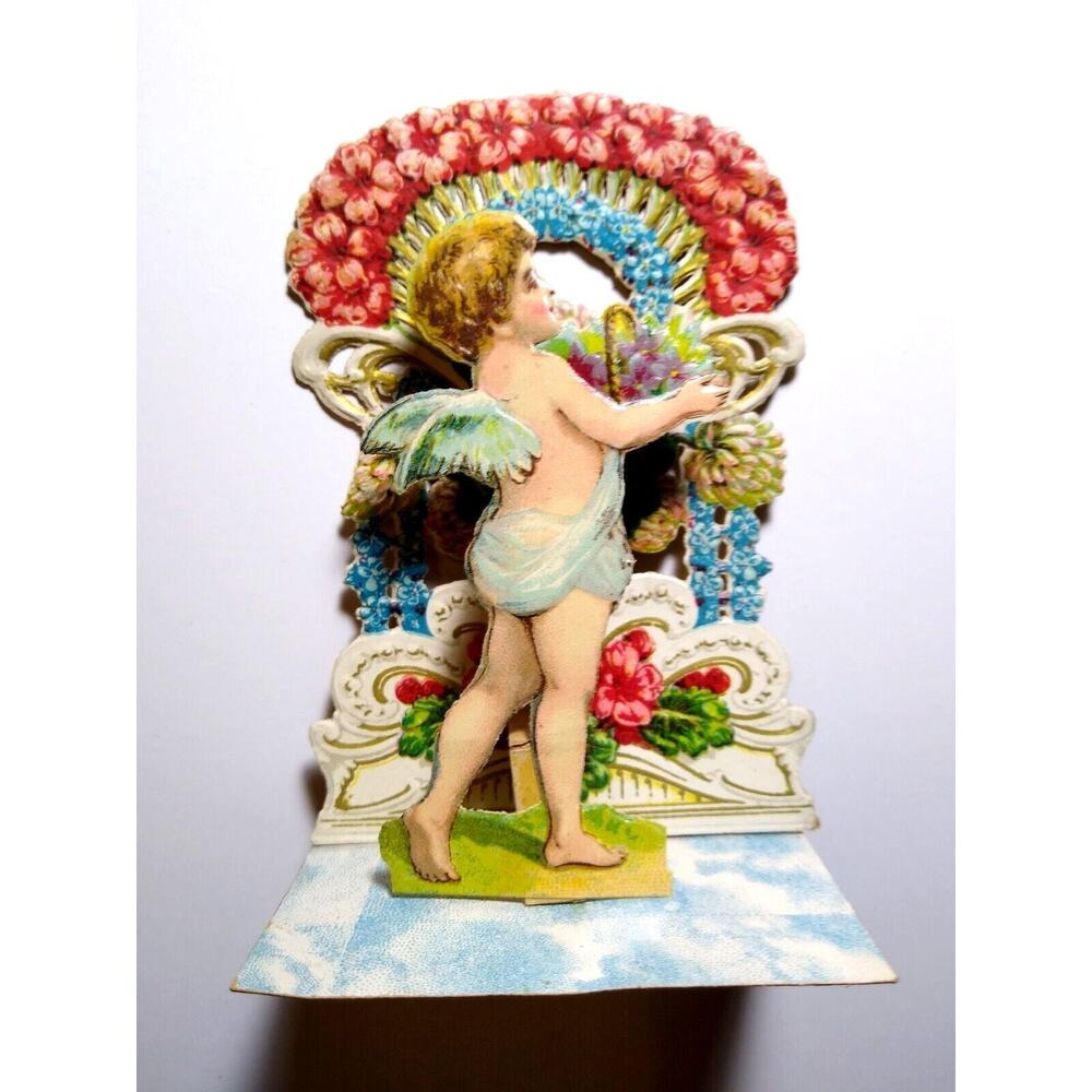 Antique Valentine German Cherub Angel Flowers Greeting Card Die-Cut Stand Up